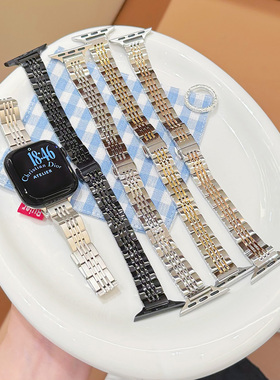 适用苹果手表s11ultra3se不锈钢链式金属表带iwatch910蝴蝶扣腕带