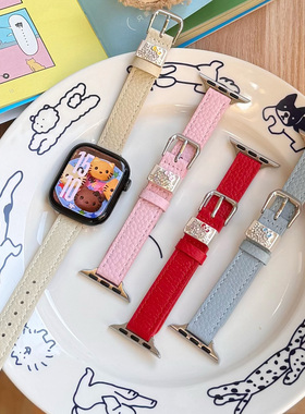 适用Apple Watch11se3真皮表带苹果手表s10987钻石KT猫可爱卡通女