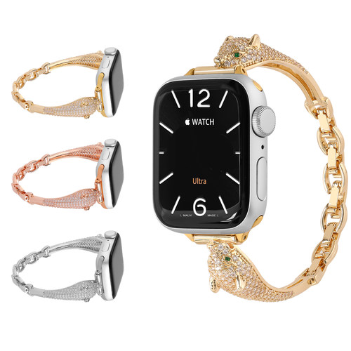 适用苹果手表s10金属表带iwatch56789se创意豹子饰品链式腕带女款
