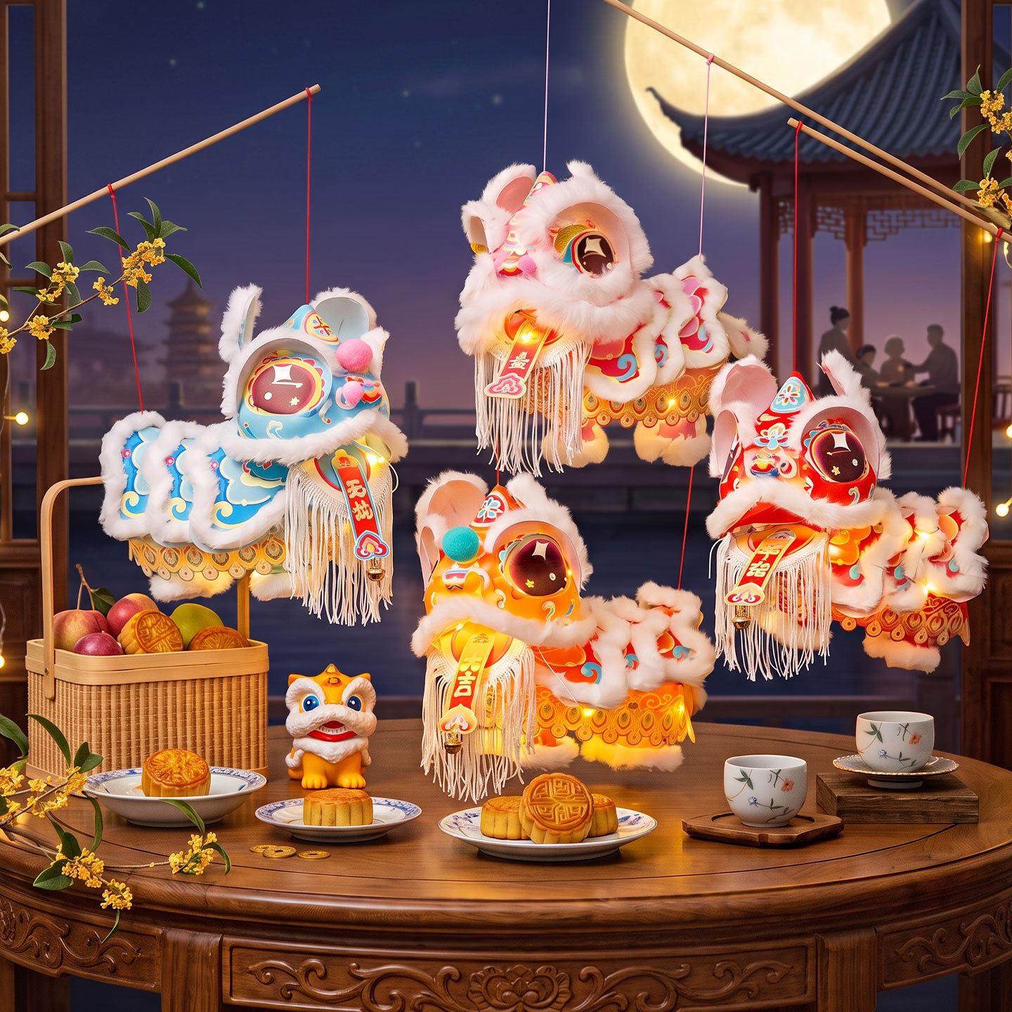 跨境中秋节灯笼国潮醒狮灯笼手工diy儿童制作材料包拍照道具图片