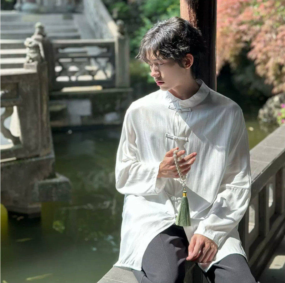 亚麻白衬衫男新中式男装中国风唐装男款复古长袖衬衣夏季棉麻外套