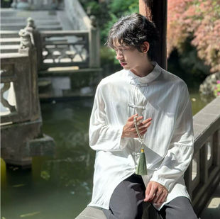 亚麻白衬衫男新中式男装中国风唐装男款复古长袖衬衣夏季棉麻外套