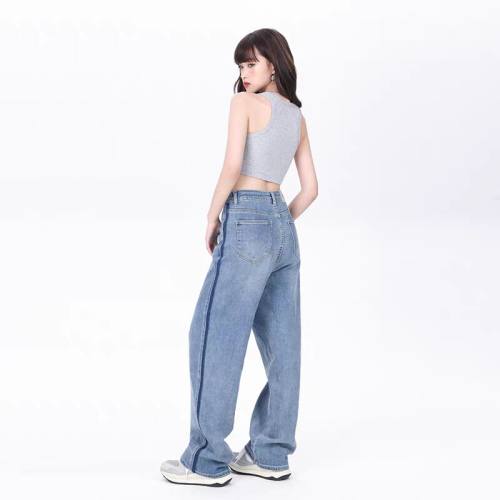 【精品】新款上市◆2025早秋男女同款美式高街侧边撞色直筒牛仔裤