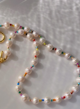 ins彩色串珠颈链时髦精粒粒同款淡水巴洛克珍珠OT扣项链女新款