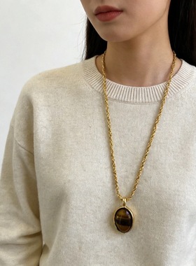 石头镶嵌吊坠项链高级感美拉德小众虎眼石镶嵌吊坠麻绳链毛衣链