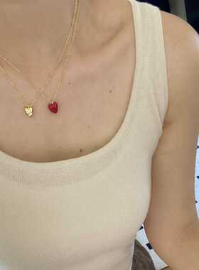 Elise巴黎法式精致浪漫手工纹理肌金色珐琅陨石红色小爱心项链女