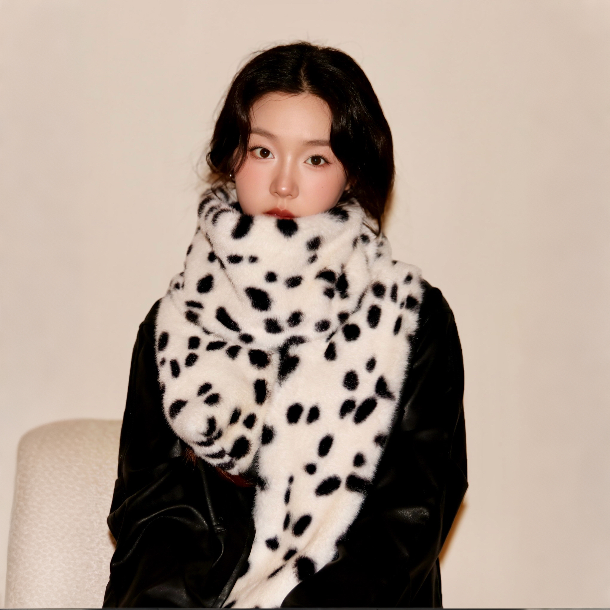 周给给围巾女2025秋冬新款百搭加绒加长加厚仿兔毛保暖豹点围脖