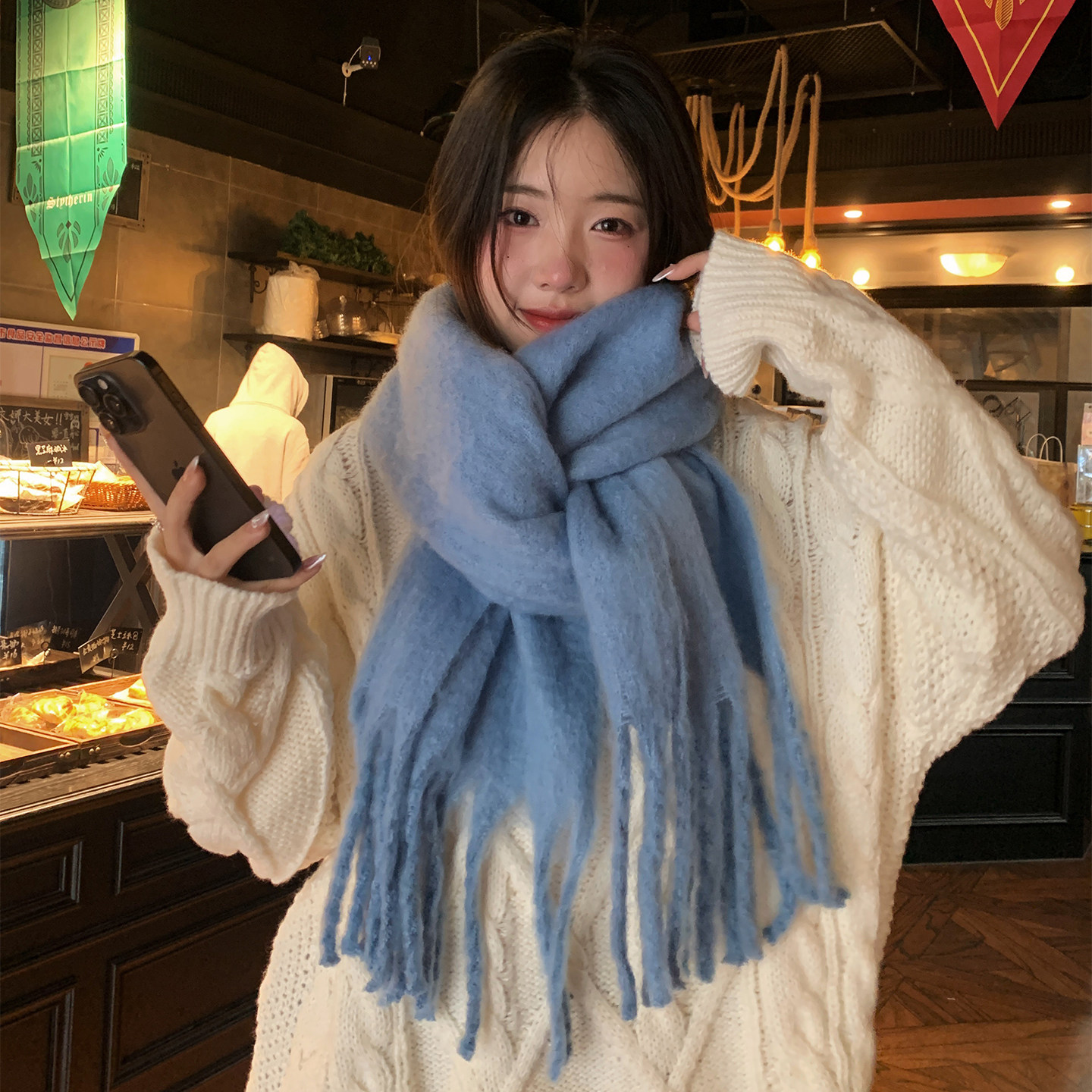 2025新款流行雾霾蓝多色围巾女冬季纯色仿羊绒韩系高级感围脖