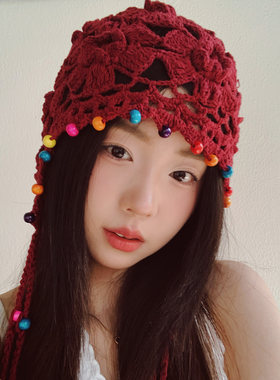 周给给川藏云南旅行拍照帽子女文艺民族风包头帽镂空流苏套头帽红