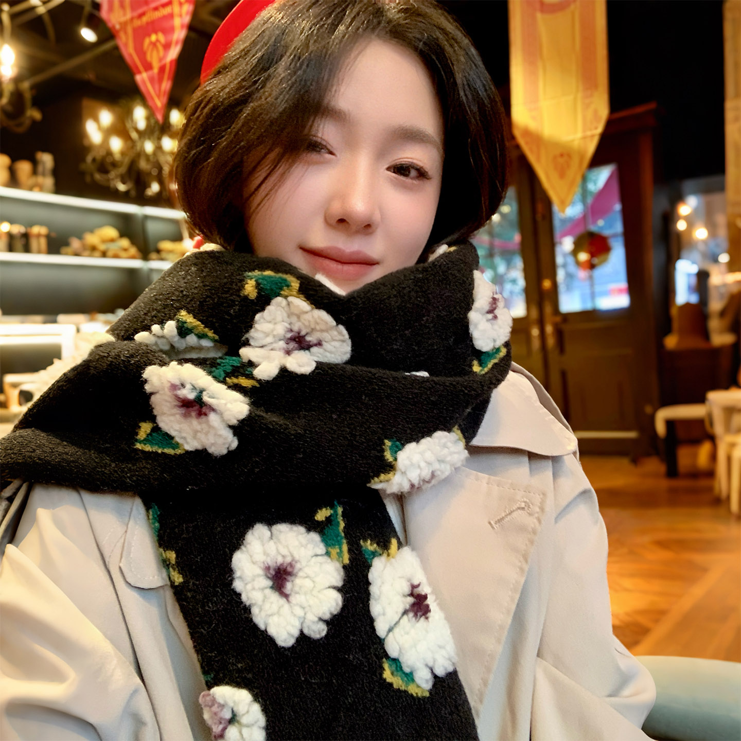 2025周给给韩版花朵针织围巾女冬季保暖百搭黑色毛线围脖新年礼物