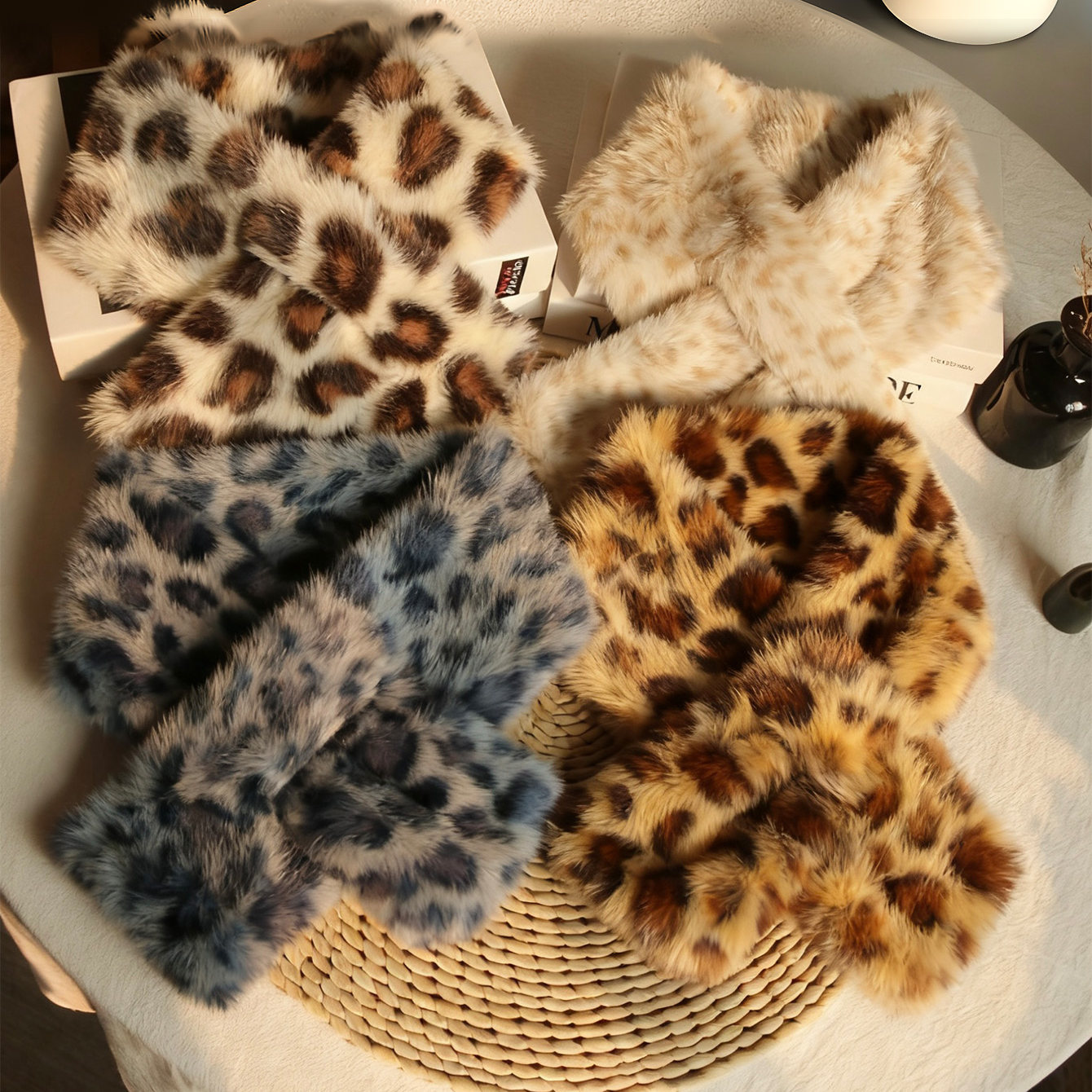 自制冬季保暖仿獭兔毛交叉围脖豹纹毛绒脖套条纹软糯短款围巾女厚