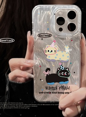 适用苹果17promax手机壳羽纱iphone14彩色波点小猫咪13防摔16甜酷