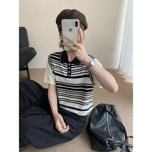 polo领条纹撞色假二件针织衫 HZ早秋新款 宽松百搭上衣女2025欧洲站