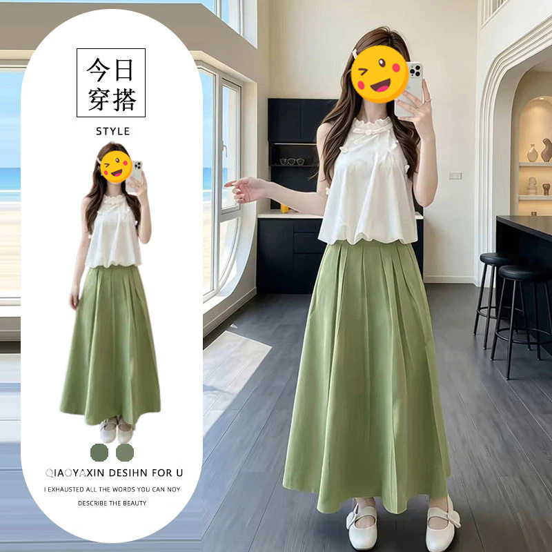 法式荷叶边高腰A字长款半身裙