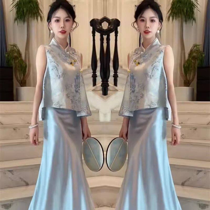 新中式风重工缎面提花马甲女中长款显瘦气质外套半身裙套装