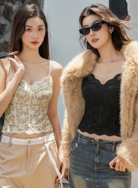 6100法式蕾丝V领吊带背心带胸垫内衣聚拢内搭打底修身美背性感风