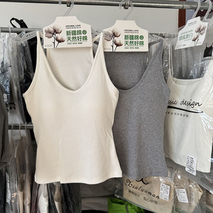 妃子纪2703新疆棉性感纯棉螺纹带胸垫一体杯吊带U型挖肩辣妹美背