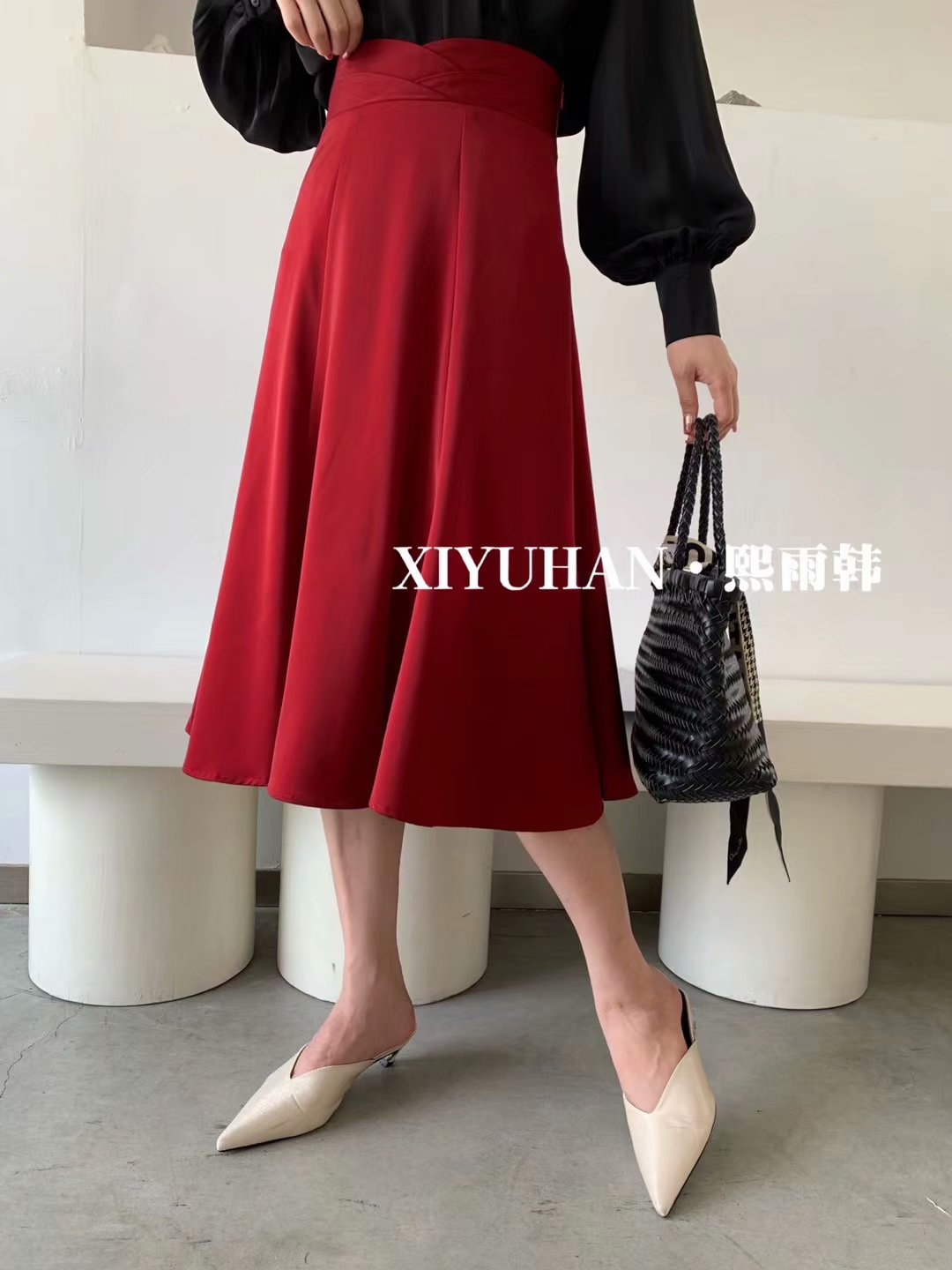 熙雨韩 2020 轻熟风 秋高腰纯色气质百搭中长款淑女伞裙 半身裙
