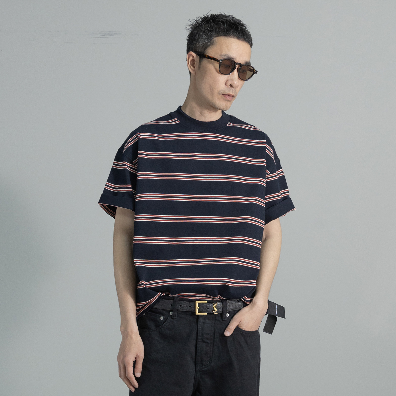 HOMME DE MODE 潮牌宽松条纹短袖T恤衫破洞挂烂水洗纯棉上衣阔版