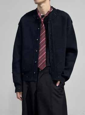 HOMME DE MODE秋冬手工饰品镶嵌针织衫做旧磨破挂烂修身毛衣开衫