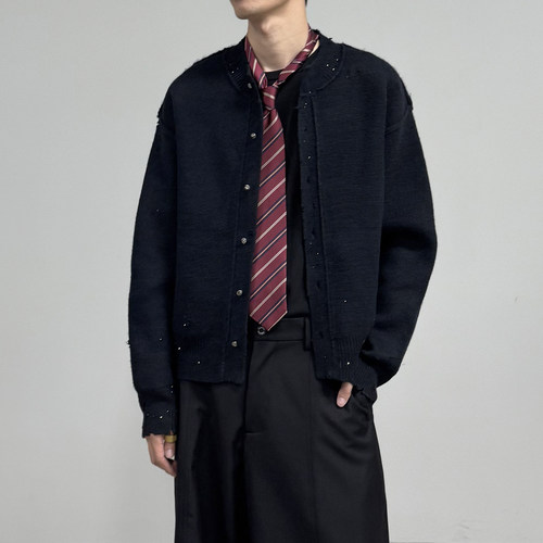 HOMME DE MODE秋冬手工饰品镶嵌针织衫做旧磨破挂烂修身毛衣开衫