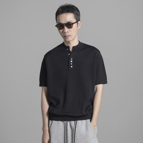 HOMME DE MODE 早秋亨利领短袖针织衫男士羊毛半开衫薄款透气轻奢