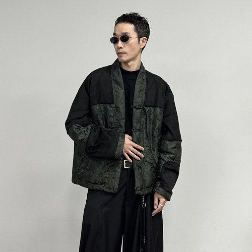HOMME DE MODE新中式盘扣轻奢羽绒服高端90白鸭绒麂皮绒拼接外套