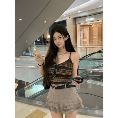 复古风咖色条纹毛织V领吊带背心