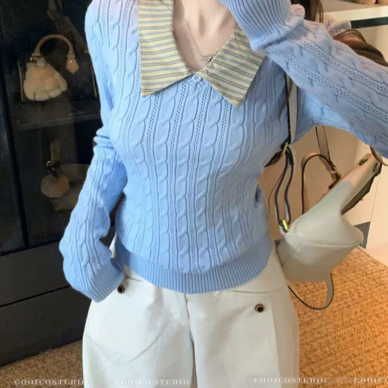 韩系V领麻花假两件毛衣女款