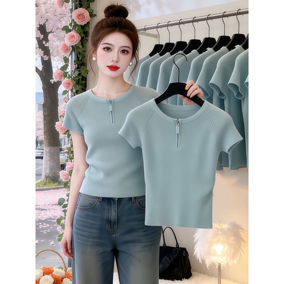 轻熟温柔风休闲半拉链短袖针织衫女2026夏新款时尚氛围感显瘦上衣