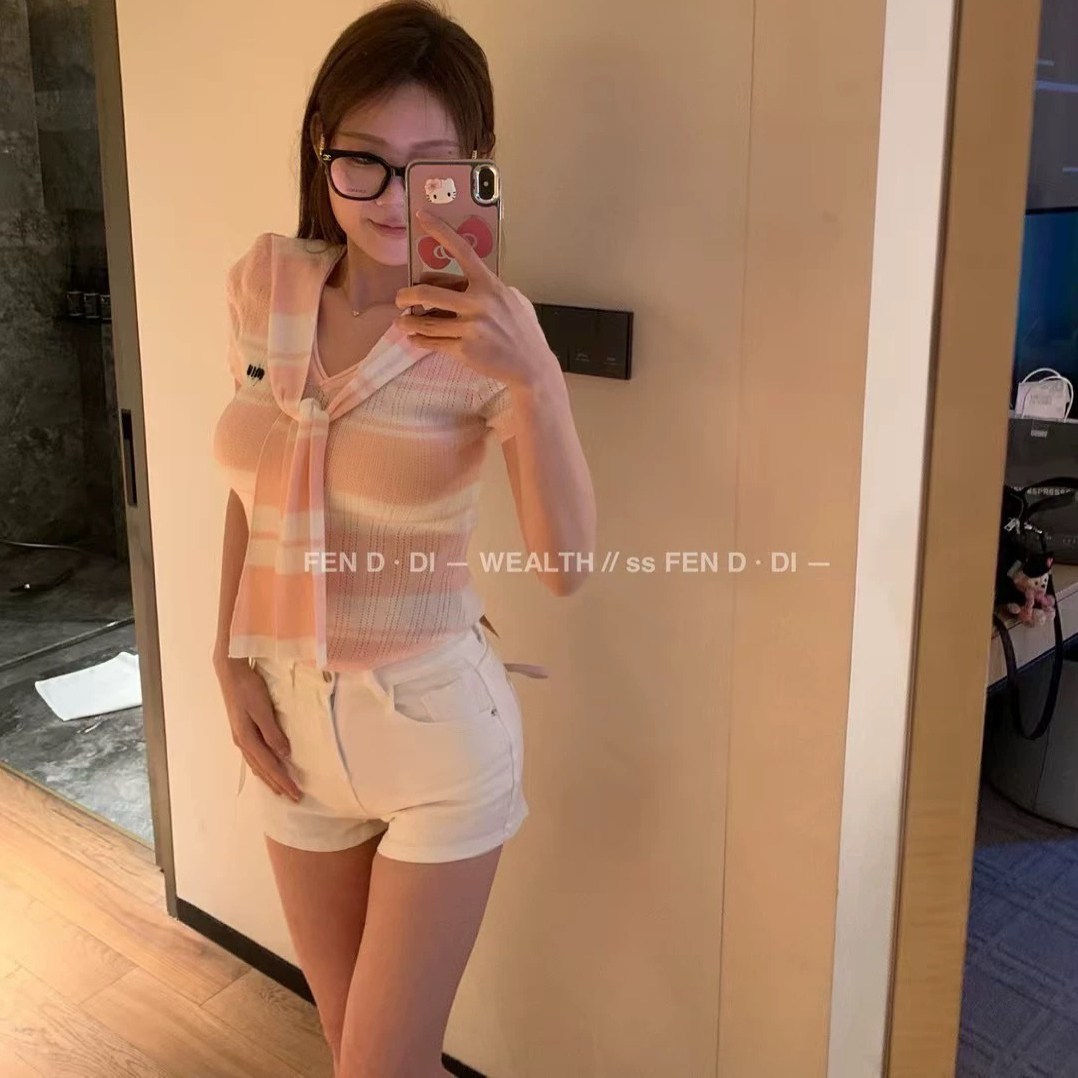 夏天韩系气质条纹短袖V领T恤肩假两件短款修身弹力薄短款上衣女
