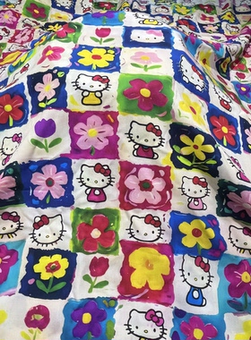 卡通夏季棉绸人造棉布料kitty猫儿童宝宝衣服裙子床品居家服面料
