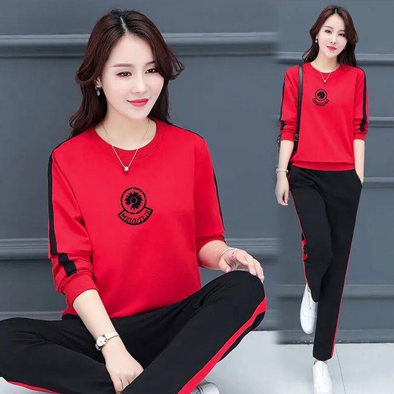 运动服套装女春秋季韩版宽松圆领拼接卫衣休闲两件套女长袖妈妈装