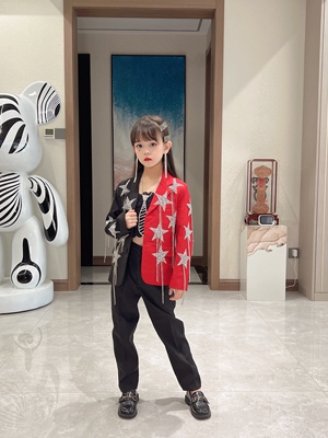 儿童班服模特走秀礼服演出服西装男女夸张黑红拼流苏中国风潮服