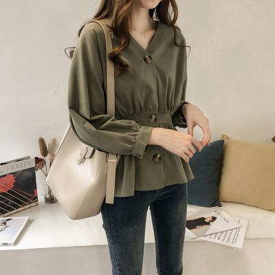 2021 spring new V-Neck long sleeve waist down thin shirt women's Retro Hong Kong Style coat design sense niche top