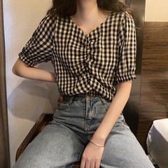 官圖 實價 纖維 格子襯衫女設計感v領短袖襯衣高腰短款