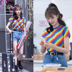官圖 實價  棉 ***同款條紋心機彩虹t恤女短袖上衣