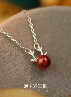 新款S925银红色石榴石麋鹿项链女