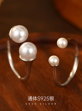 新款S925银法式时髦双珍珠开口戒