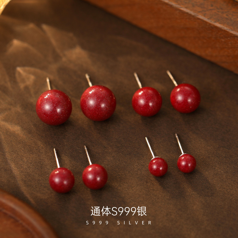 新款S999银高品质天然紫金砂耳钉