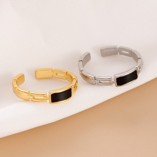 新款铜镀金链条黑色滴釉戒指女韩版小众复古叠戴指环开口可调节