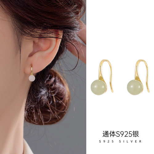 新款S925银复古天然和田玉耳钩女