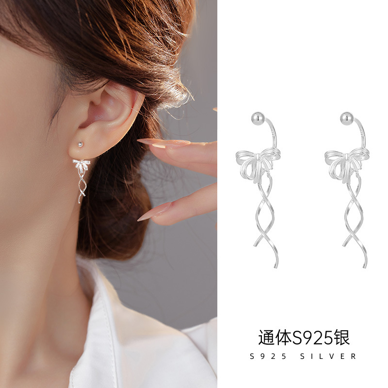 新款S925银丝带蝴蝶结耳钩女甜美