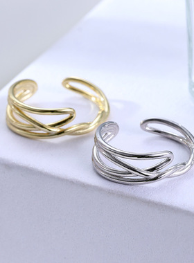 新款S925银时尚线条缠绕戒指女几