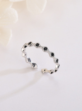 新款s925银日韩黑色锆石开口戒指