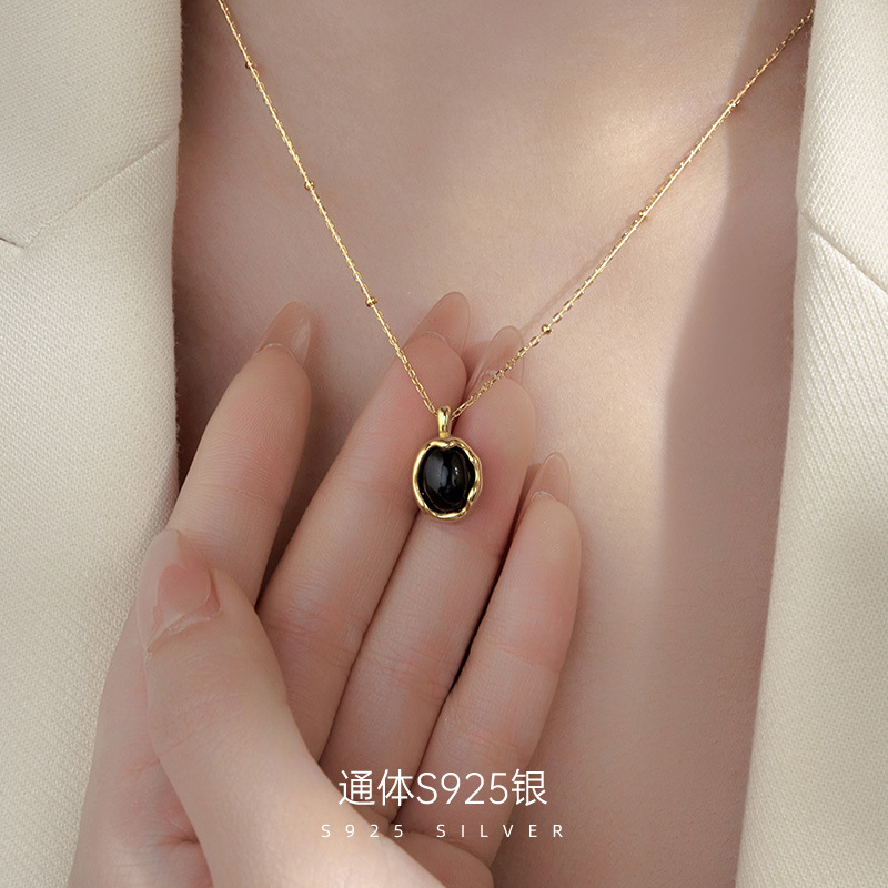 新款S925银复古黑玛瑙吊坠项链女