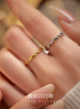 新款S925银日系几何纽带戒指女不