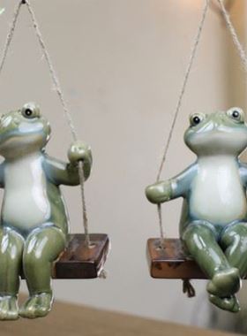 创意户外庭院阳台花园布置网红陶瓷吊绳青蛙摆件盆景微景观装饰品