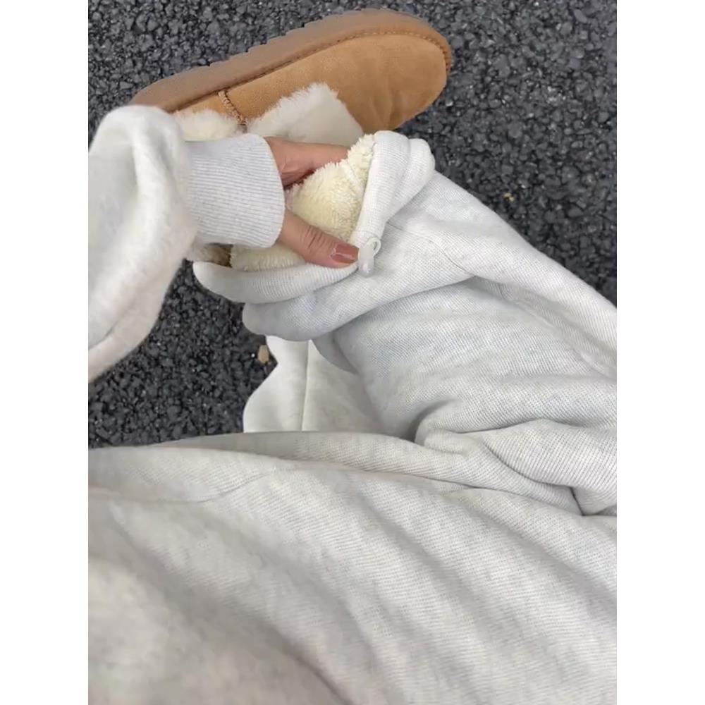 羊羔绒运动裤子女秋冬季高腰休闲加厚棉裤阔腿直筒小个子加绒卫裤