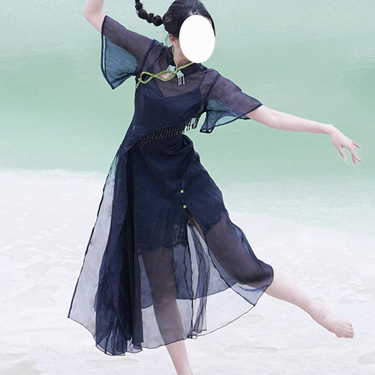 墨玉无艺之艺一朵大左改良黑色旗袍日常舞服两件套水晶流苏吊带裙